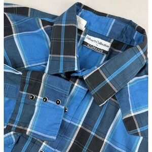 VINTAGE KARMAN Western Pearl Snap Long Sleeve Mens XL Xlarge‎ Blue & Black Plaid